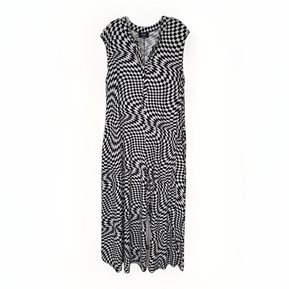Dressed in Lala Checkerboard Jumpsuit Womens Medium Black White *Missing Button
